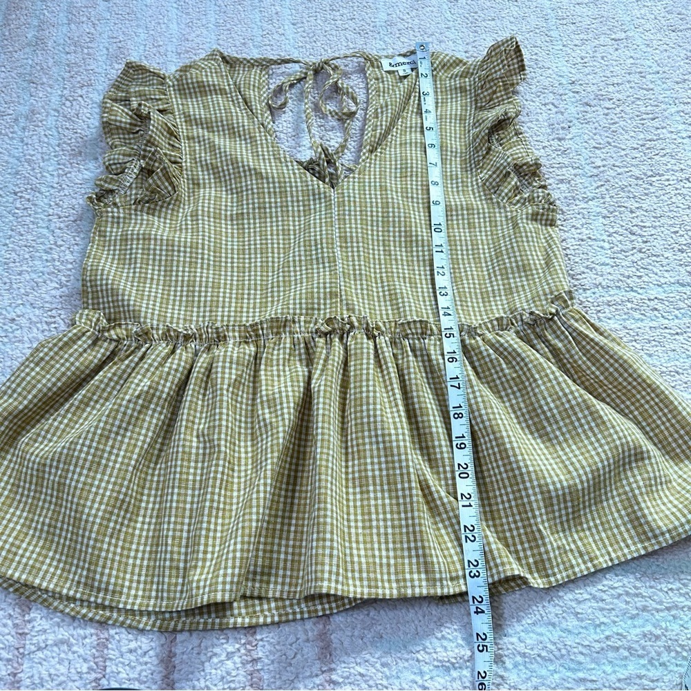 &Merci Mustard Gingham Plaid Babydoll Top Open Tie Back Ruffle Sleeves Small - Picture 8 of 12